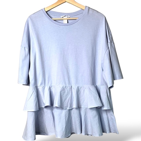 H&M 100% Cotton Knit Short Sleeve Pale Blue Ruffle Crew Neck Tee US Sz L - Picture 1 of 8